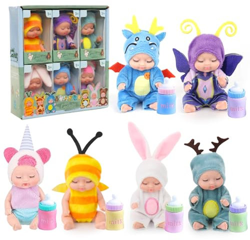 Fiotha Mini Bebe Reborn, 6 Set Mini Poupées Réaliste Bebe, Reborn Poupée, avec 6 Biberons, Accessoires de Poupée, Puppenspielzeug pour Les Filles, Les Jeunes Enfants Et Les Enfants