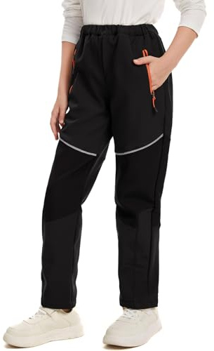 mosingle Waterproof Trousers Kids Fleece Lined Girls Boys Cargo Ski Winter Soft Shell Snow Pants Warm for Walking Outdoor Hiking #1510-Black-L