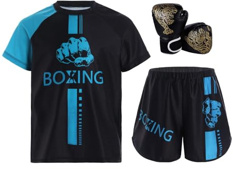 RUNQHUI Boxning outfit för barn pojke T-shirt + shorts + Muay Thai MMA kickboxing handskar, Ljusblå och svart, 11-12 år