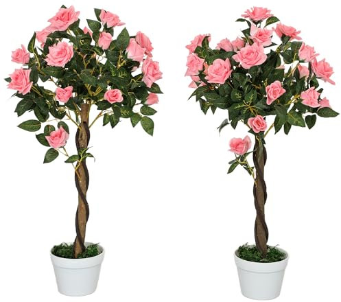 Outsunny Set of 2 90cm/3FT Artificial Rose Tree, Fake Decorative Plant with Pot, Indoor Faux Decoration Home Office Decor, Pink