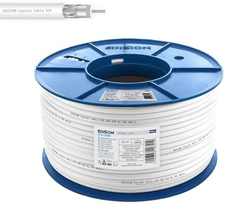 Edision ICX-100 Câble coaxial 100m, Câble d'antenne TV Interne PVC Blanc, Acier Cuivré CCS/AL, 17VAtC, CPR Eca, Classe A, Câble Sat, pour DVB-S2, DVB-T/T2, DVB-C, RADIO, Bobine Plastique 100m