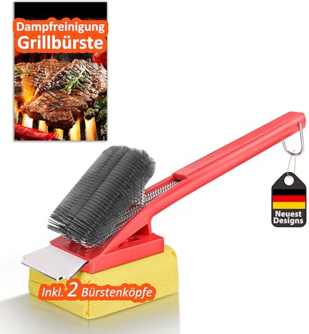 Grillborste med ångrengörande huvud, grillborste med borstborste i rostfritt stål, spatel i rostfritt stål och extra långt värmeisoleringshandtag, för alla grillar | röd