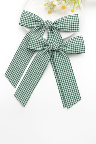 Gingham Hair Bow Set – Pack of 2 | School Hair Clips | Back to School Accessories for Girls | Green Checked Pattern | Large Ribbon Bows with Alligator Clips – One Size