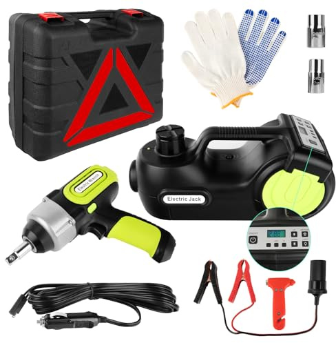 Kit cric elettrico 5T 12 V, leva idraulica per pneumatici con pompa ad aria a doppio cilindro e touchscreen LCD e avvitatore a percussione, sollevatore portatile per il cambio di pneumatici e le