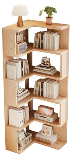 JFOZDM 5 livelli Libreria Angolare, Libreria d'angolo, Legno libreria a L, Libreria da Parete, Risparmia Spazio, Scaffale Angolare per soggiorno, camera da letto, ufficio, studio, Colore del Legno