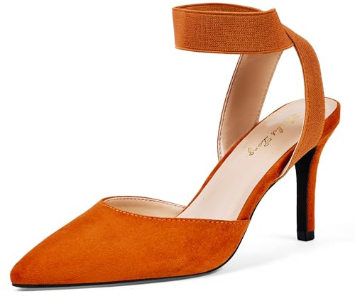 Zhabtuc Élégantes Escarpins à Talons Aiguilles de 8 cm avec Bride élastique à la Cheville et Bout Pointu en Daim pour Femmes, Daim Couleur Chameau, 37 EU