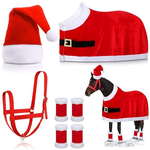 Disfraces para Caballos para Usar Disfraz de Caballo Rojo con Gorro de Papá Noel, envolturas para piernas, Silla de Montar y Cabestro para desfiles de Fiestas navideñas de Invierno