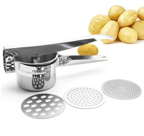 Potato Ricer, 14oz Heavy Duty Stainless Steel Potato Masher with 3 Interchangeable Discs Make Fluffy Smooth Mashed Potatoes Puree, Press Fruit and Vegetables Fruit Juice (COLOR:Silver)