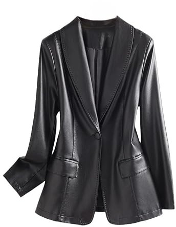 Blazer en Cuir d'agneau pour Femme Manches Longues 1 Bouton Col Châle Coupe Ajustée Veste De Tailleur Élégante pour Femme d'affaires Veste De Bureau Noir Taille XXL
