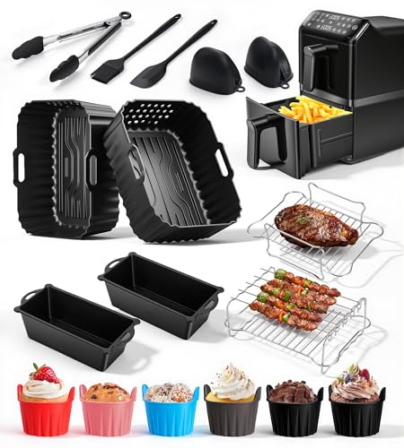 MOWETOO 21 st luftfryer tillbehör silikonform varmluftsfritös för Philips | 2 x 5 l silikonbakform, 24 x 19 cm, Air Fryer Tillbehör för Philips NA460, 10 L Dual Zone varmluftsfritös
