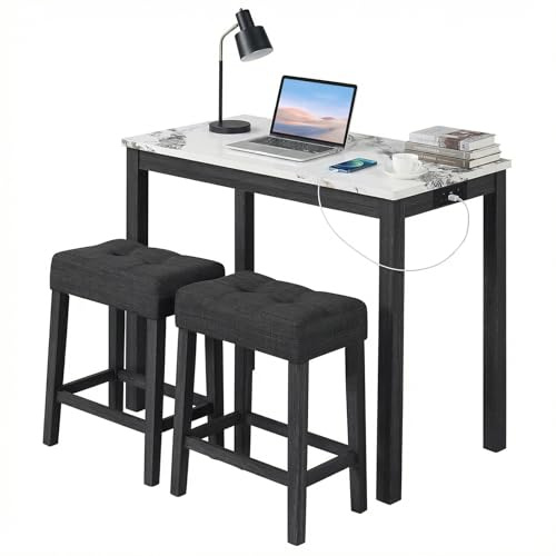 COSTWAY Bar Table Set with 2 Stools, 3 Pieces Breakfast Bar Set with Power Outlets, Faux Marble Top & Footrest, Counter Height Dining Table and Chairs for Home Kitchen Pub Cafe (White + Black)