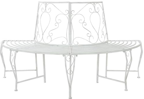 Holekex Trädbänk, 4-sits, 160 x 80 x 89 cm, stål, antik, vit, halvcirkelformad, med ryggstöd, hjärtdesign, väderbeständig för trädgård, terrass, balkong, utomhus, sittplats