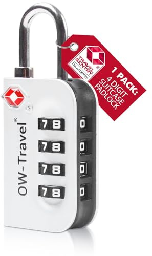 OW-Travel Suitcase Locks, TSA Approved Luggage Padlocks, Silver, 1 Pack | 4 digit combination luggage locks for suitcases, hand luggage, cabin bags, travel bags, backpacks, lockers, zipper cases