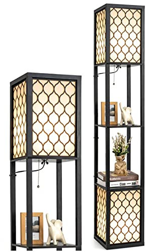 COSTWAY Floor Lamp with Shelves, 1/2 Lampshade Standing Light with Chain Switch & Foot Switch, Reading Lamp for Bedroom Living Room Office Home Decoration (2 Lampshades, with Foot Switch)