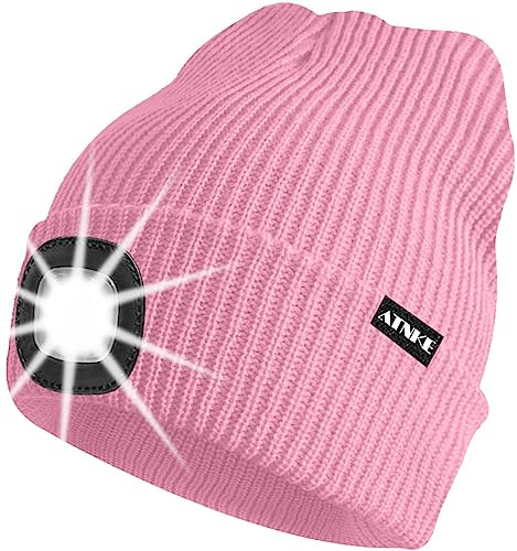 ATNKE Unisex upplyst beanie-mössa, USB-uppladdningsbar 4 LED-löparpannlampa hatt ultralätt keps med lätta handsfree pannlampa vinter varm stickad gåvor för män pappa och kvinnor, Rosa, one size