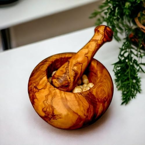 Handcrafted Olive Wood Mortar and Pestle Set | Rustic Kitchen Grinder for Herbs, Spices, and Pesto | Naturally Finished Wooden Mortar with Unique Grain Patterns (Natural wood, 8 cm)
