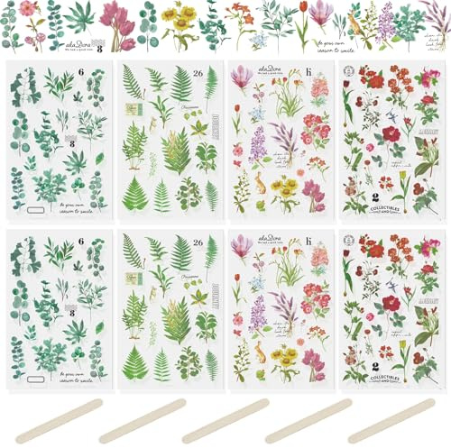 CRAFFANCY 16 fogli di adesivi trasferibili da strofinare, con foglie e fiori, adesivi trasparenti per album di ritagli, diari, fai da te, mobili artistici