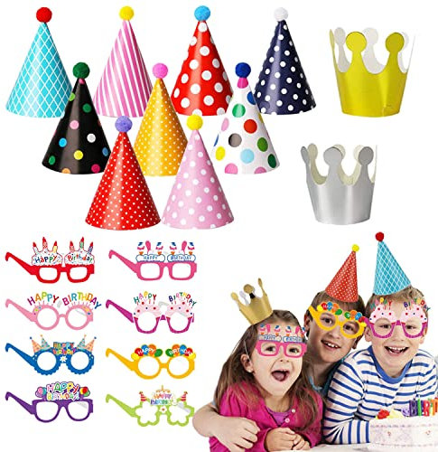W Rxkiocs 11PCS Cappellini Festa Compleanno Bambini Cappello Corona Compleanno Decorazione Di Occhiali Da Festa Di Compleanno 8PCS Adatto Per Riunioni Familiari Dei Bambini e Degli Adulti