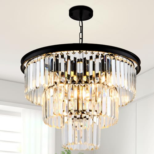 HCCZ Modern Crystal Chandelier 20'' Black Chandeliers for Dining Room Contemporary Pendant Light Fixture Round 3-Tier K9 Crystal Chandelier Adjustable Height for Living Room, Foyer, Entryway, Bedroom