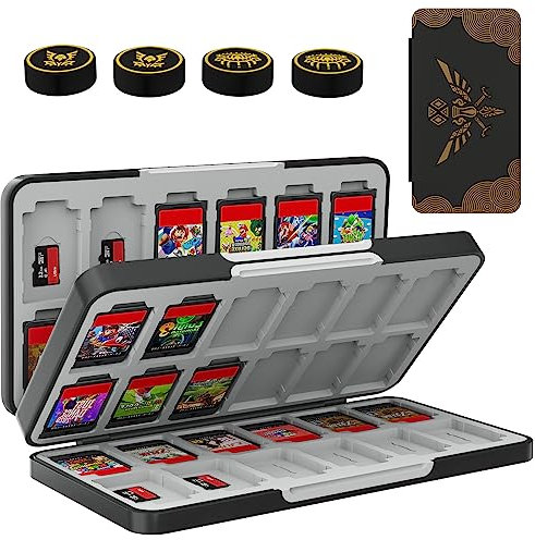 TiMOVO 48 Game Card Case for Nintendo Switch OLED/Switch/Switch lite, 4pcs Switch Thumb Grips for Zelda: Tears of The Kingdom, 48 Game Holder Cartridge Case for Game Cards and 24 SD Cards, Black Eagle