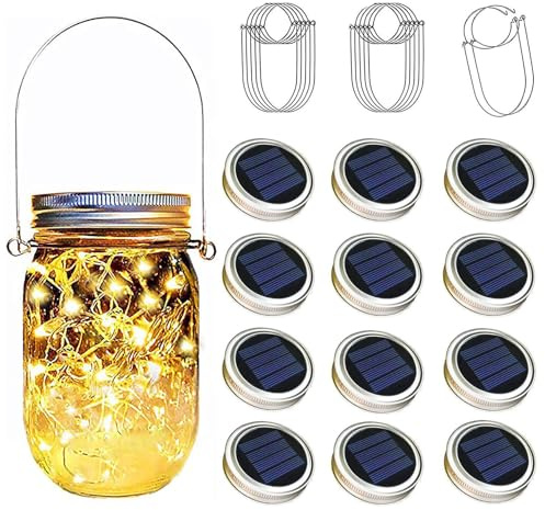YzoTek 12 x Solare Mason Jar Luci Coperchi - 30 LED Fata Lucciola Stringa Luci Appese Lanterne Cap, Impermeabile Patio Portico Giardino Cortile Balcone Prato Luminous Decor(Nessun Barattolo Incluso)