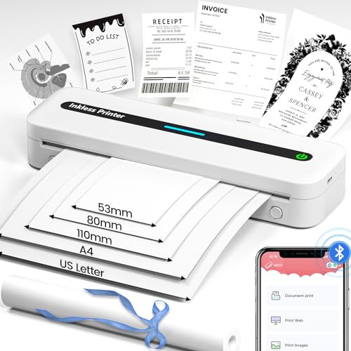 Omezizy Impresora Térmica A4, M832 Impresora Portátil para Casa, Oficina, Estudio, Impresora Sin Tinta con Papel Térmico, Impresora Bluetooth Compatible con Teléfonos Móviles y Ordenadores