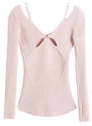 AYAZER Gefälschter Zweiteiliger Schulterfreier Pullover für Damen, Frühling, Neue Reine Lust, sexy, schlank, tiefer V-Ausschnitt, hohles Schlankheits-Oberteil, Rosa, M