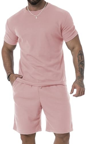 KUYIGO Traje de verano para hombre, pantalones cortos y camisa, traje casual de 2 piezas, transpirable, holgado, rosa, XL