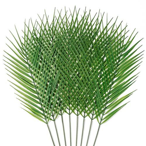 Weldomcor 12PCS Artificial Palm Leaves Fake Greenery Stems, Faux Plastic Tropical Areca Palm Tree Leaf Plants, Palm Branches Fronds for Palm Sunday Hawaiian Luau Jungle Wedding Birthday Party Decor