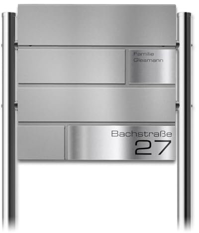 Metzler Standbriefkasten Modell G in Graualuminiummit Edelstahl-Namensschild & Ständer - Pulverbeschichtung RAL 9007 Feinstruktur Matt - Gravur - Größe 37 x 37 x 10,5 cm - Höhe 120 cm