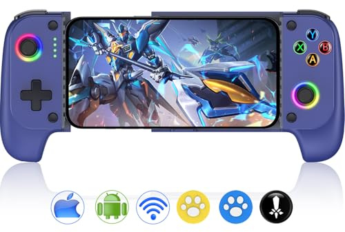 Controlador de juegos móvil para iPhone/Android con funda de soporte, efecto Hall, mando de mando a distancia con efecto vibratorio y función turbo, controlador de teléfono retráctil con RGB para PS