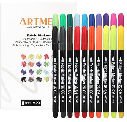 Artme Textilstifte 20 Farben Stoffmarker, Stoffstifte Permanenttinte zum Zeichnen auf Baumwolle, T-Shirts, Taschen, leuchtend, lichtbeständig
