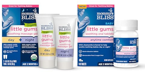 Mommy's Bliss Organic Little Gums Gel per massaggi lenitivi e compresse orali giorno e notte, età 2 mesi +, senza zucchero, sapore delicato e dolce, tubetti da 56,7-15 g + 1 flacone (140 compresse)
