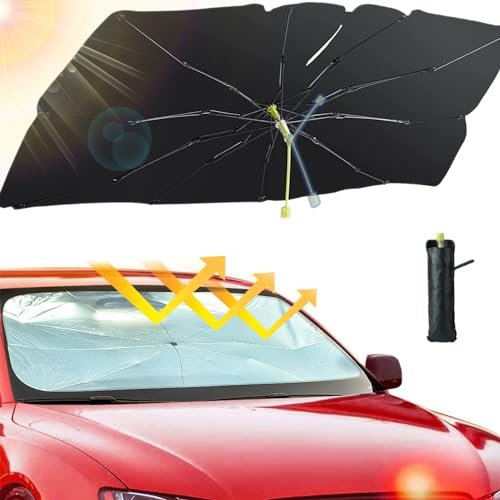 Sonnenschutz Auto Frontscheibe Innen, Aluusy 2025 Faltbarer Sommer Sonnenschirm für Auto Windschutzscheibe 140 * 75 cm, Drehbar Front-Sonnenschutz Regenschirm UV Shutz für die Meisten Autos, SUVs