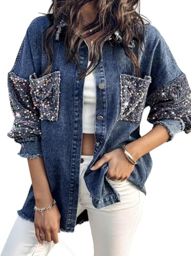 Juankrynord Giacca in denim con paillettes a maniche lunghe e orlo a nappa da Donna con paillettes con giunture a maniche lunghe casual alla moda con perline (blu navy,XL)