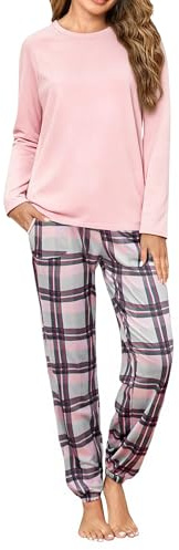 Uniexcosm Women's Pyjama Sets Long Sleeve Cotton Checked Loungewear Soft Nightwear Ladies Set Long Sleeve Tops and trousers with Pockets Cotton Pjs,XXL Pink