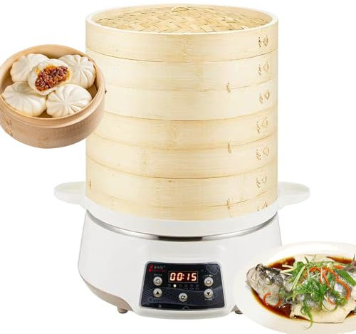Vaporiera elettrica per alimenti, pentola a vapore a 3 livelli in bambù, regolazione della potenza, 2000 W rimovibile per la casa, con prenotazione intelligente 24 ore e timer da 60 minuti