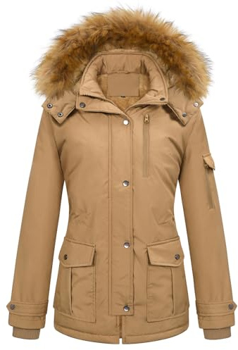 heekpek Manteau Femme Hiver Chic Vestes à Capuche en Fausse Fourrure Blouson Chaude Doublée en Polaire Manteaux à Manches Longues pour Dames Parka Imperméable Doudoune Zippée, Kaki, L