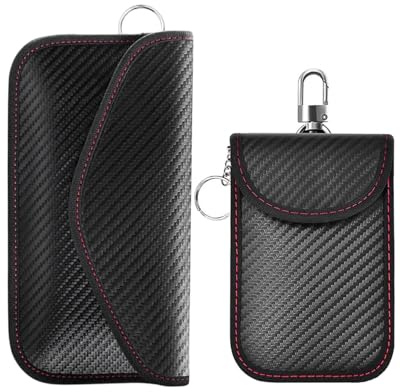 HUVZOR 2 pièces Pochette Clé Voiture, Pochette Voiture Protection Clef, Protection Anti RFID pour Clef Télécommande avec Anneau Porte-Clé Intégré Fibre Carbone Bloqueur