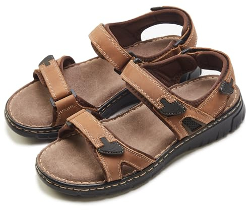 ISQFIQ Real Leather Mens Sandals, Wide Fit Sandal for Walking, Open Toe Indoor and Outdoor Shoes with Adjustable Strap for Summer Casual Travel Hiking Beach Trekking Towns Light Brown UK 10