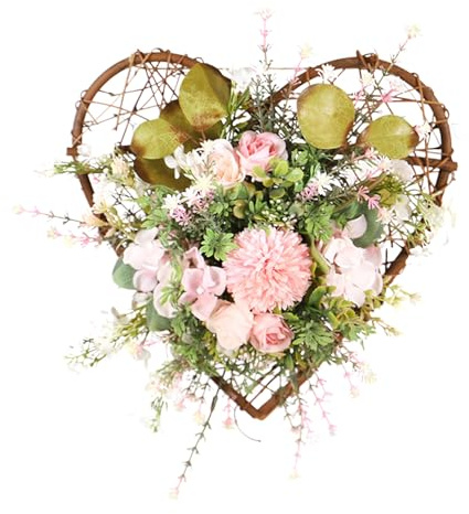 Corona di fiori primaverili – 30 cm eucalipto a forma di cuore in rattan artificiale | decorazioni floreali in seta per porta, parete, per feste, centrotavola stagionale per casa, fatta a