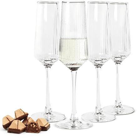 Sendez Uppsättning med 4 champagneglas på 250 ml räfflade av glas, elegant diskmaskinssäkert, Prosecco glas, champagneglas, champagneglas, genomskinlig