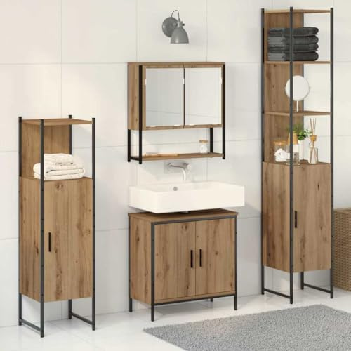 Traylux Badrumsmöbelset, 4 stycken, brun, 33 x 33 x 185,5 cm, trämaterial med spegelskåp, högskåp, tvättställsunderskåp och badrumsskåp för modernt förvaringsutrymme inomhus