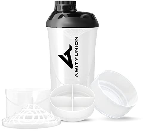 AMITYUNION Shaker per proteine ​​- L'ORIGINALE Senza BPA con setaccio, scala per frullati di siero di latte cremosi, tazze Gym Deluxe per isolati e concentrati sportivi, (Coppa in bianco e nero)