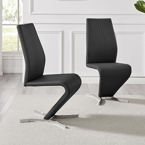 Furniturebox UK 2X Willow Modern Premium Chrome Metal Z Faux Leather Stylish Dining Chairs Set (Black Chairs)