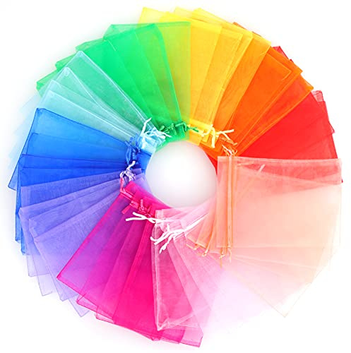 Ponpon 100pcs Assorted Color Organza Bags, 5x7 inches Mesh Bags Drawstring Bags for Candy Jewellery Random Color