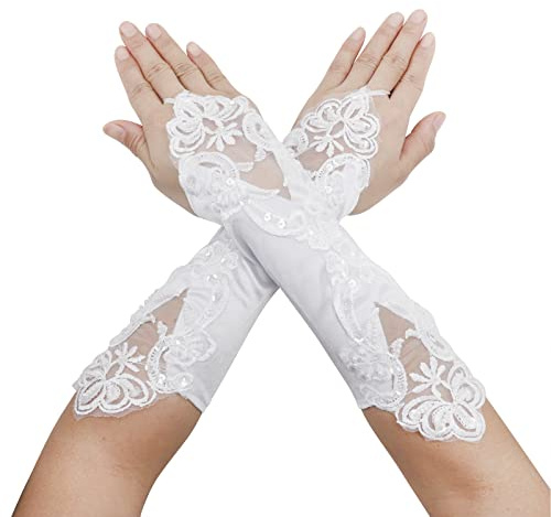 PURFUN Girls Princess Satin Lace Long Fingerless Gloves - Birthday, Communion, Halloween, Prom, Wedding, Flower Girl Mitts