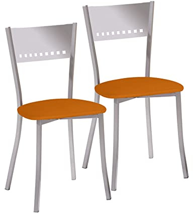 2 Sillas metálicas con respaldo de escalera y asiento tapizado - Estructura color aluminio - Asiento en Polipiel naranja