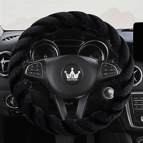 HighnessHwoo Luxuriöse Flauschige Winter Auto Lenkradbezüge für Damen, Weich, Warm, Plüsch, Niedlich, Auto Innenzubehör für Fahrzeug Limousine, rutschfest, Schwarz, Flauschig, Standardgröße(37–38cm)