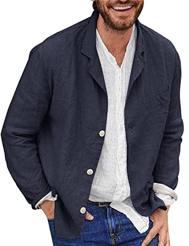 Veste Coton en Lin pour Homme Coupe Droite Grande Taille Blazer à Bouton Unique Manches Longues et à Revers Lâche Respirant Haut Confortable Coupe ajustée pour l'été